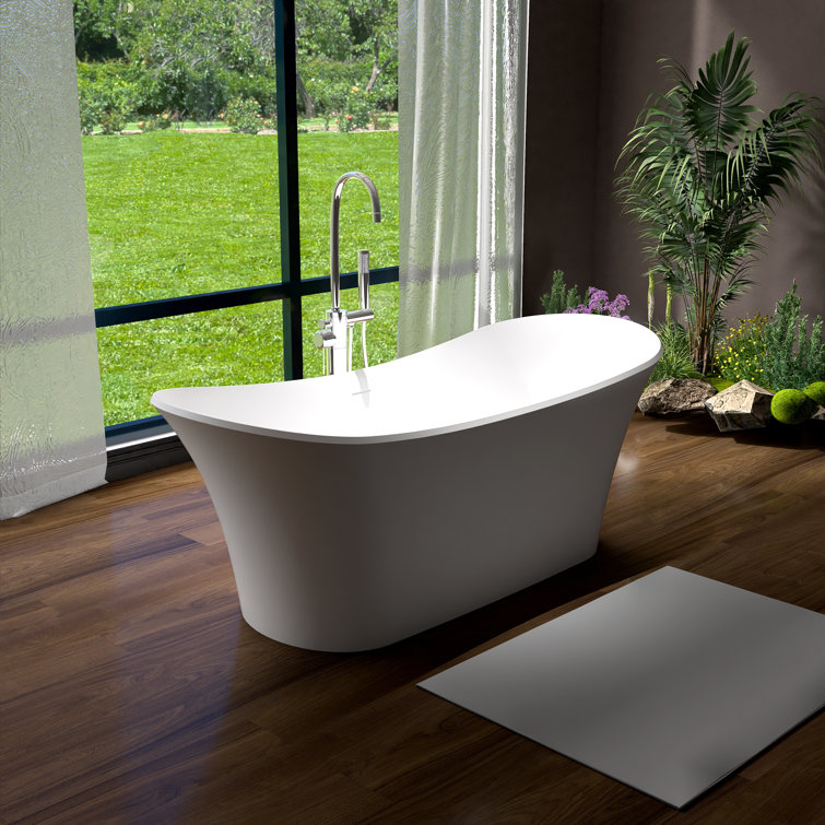 Symmetrical Curved Freestanding Bathtub 69" Matte White Resin Stone Soaking Tub With Backrest And Easy Access Design For Ultimate Comfort