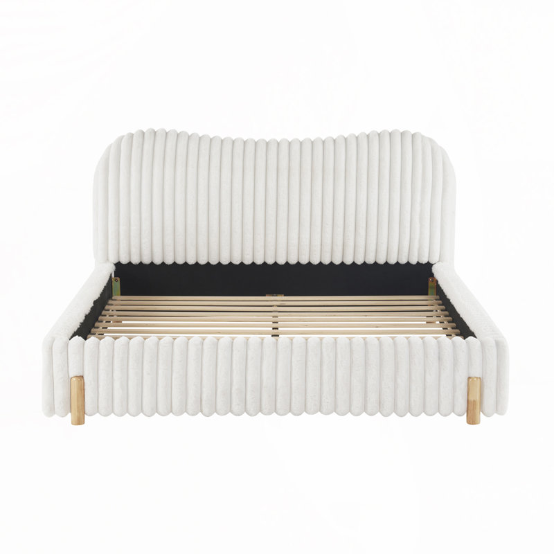 Boucle Upholstered Bed with Wavy Headboard, Queen
