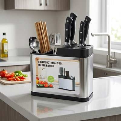 Kitchen Knife Block and Utensil Holder,Countertop Cutlery Storage Organizer Rack,Multi-Slot Kitchen Storage Box for Knives,Chopsticks,Spoons and Silverware