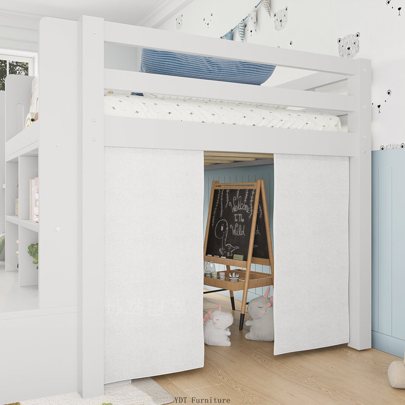 Twin Size Low Loft Bed with Multi-Storage Shelves | Curtain Under Bed & Chalkboard, No Box Spring Needed, White, Twin, White