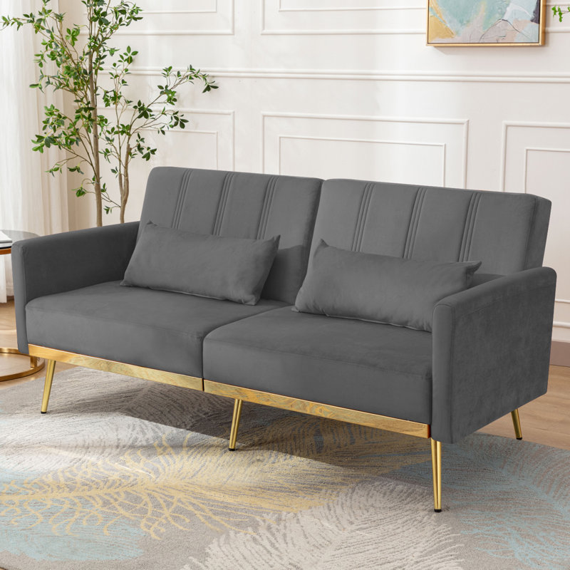 Isherwood 66‘’ Upholstered Velvet Adjustable Round Arm Covertible Sofa Bed, Gray