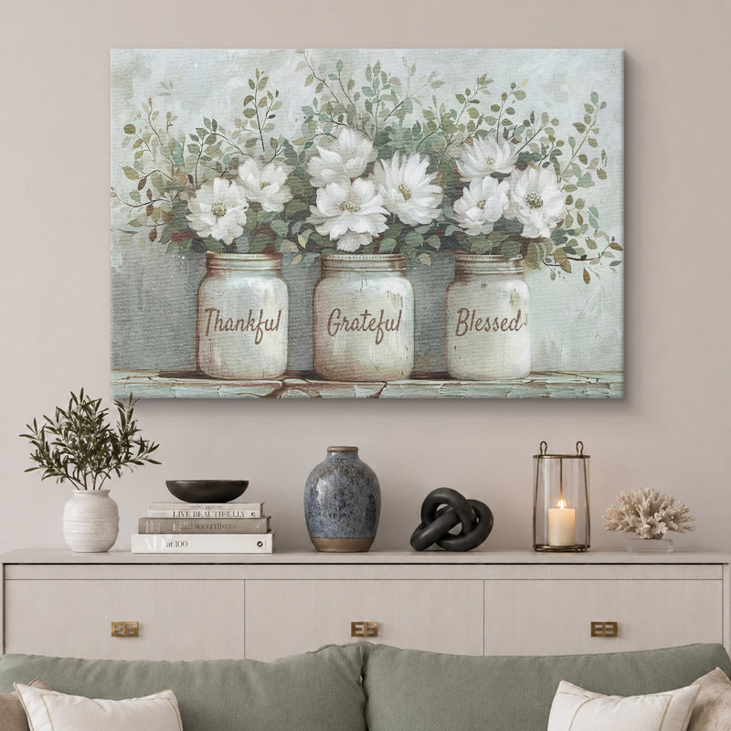 «Thankful Grateful Blessed Inspirational Green Floral Rustic Mason Jar», grande impression sur toile, H 32 po x l 48 po
