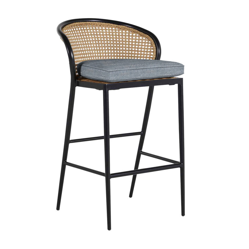 Havana 29.75" Patio Bar Stool with Cushion, Welt, Chalk/Natural Cane, Intermix Indigo