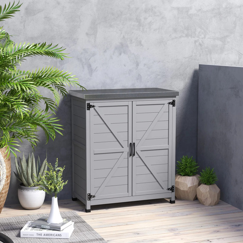 Armoire de rangement en bois avec plateau de table en métal, table de préparation pour l'extérieur avec tablette et portes doubles, banc de rempotage pour patio, cour, gris