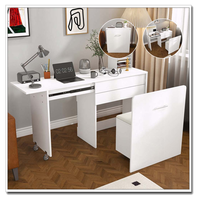 Multi-functional stretching desk, 47-inch foldable desk, makeup table with mirror, has 3 usage modes, equipped with storage function stool