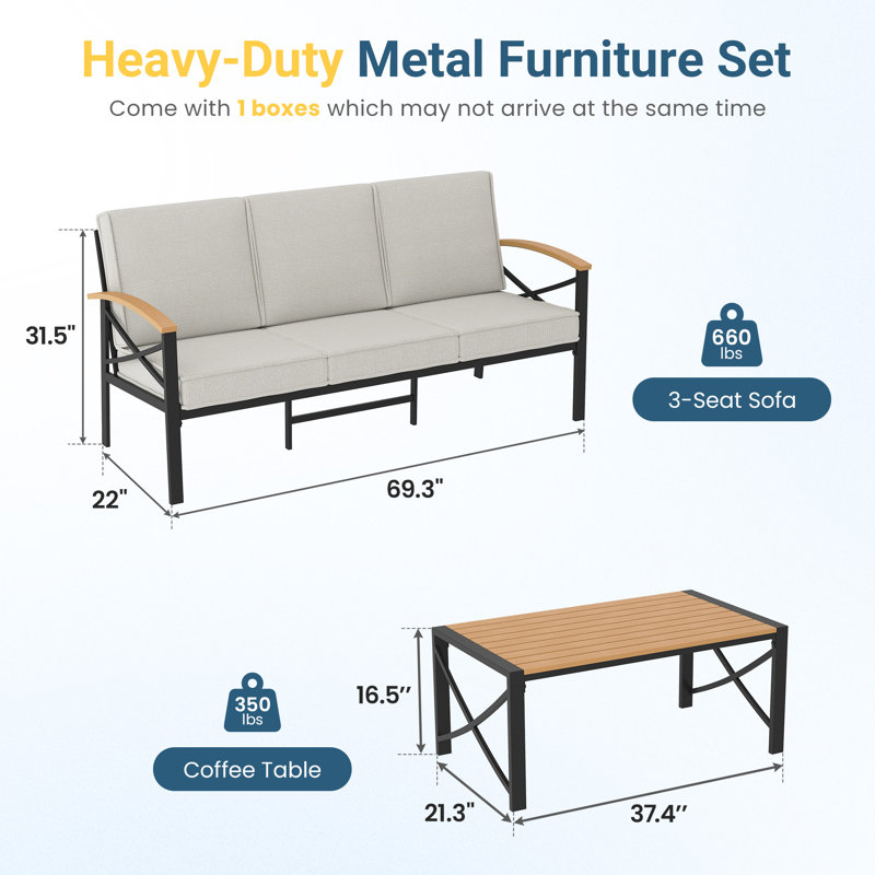 Patio Sofa With Cushions And Coffee Table, Brown