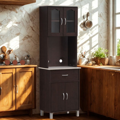 Armoire de cuisine avec vitrine autoportante de 23,6 pouces de large avec rangement, tablette à micro-ondes et tiroir à ustensiles