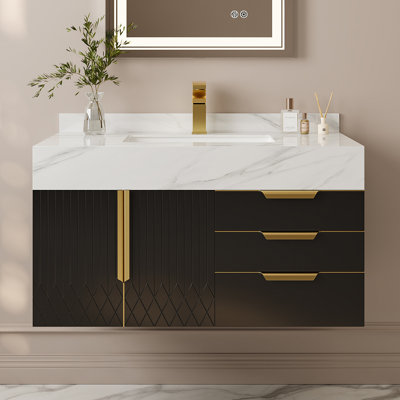 Aro Series Bathroom Vanity Set 35.4" Floating Stone Bathroom Vanity White With Sink