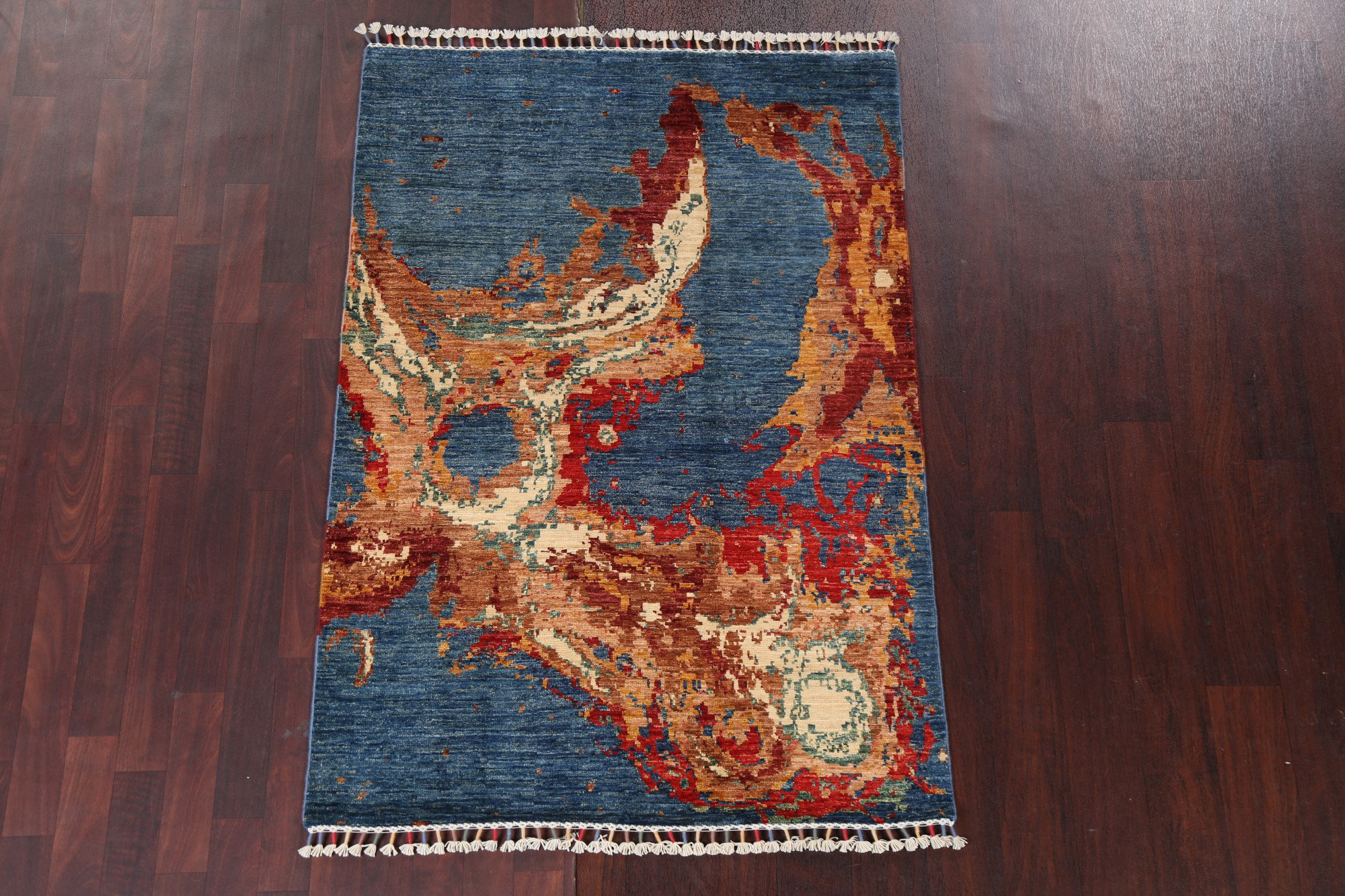 Isabelline Vegetable Dye Blue Abstract Handmade Wool Rug 4x5 | Wayfair
