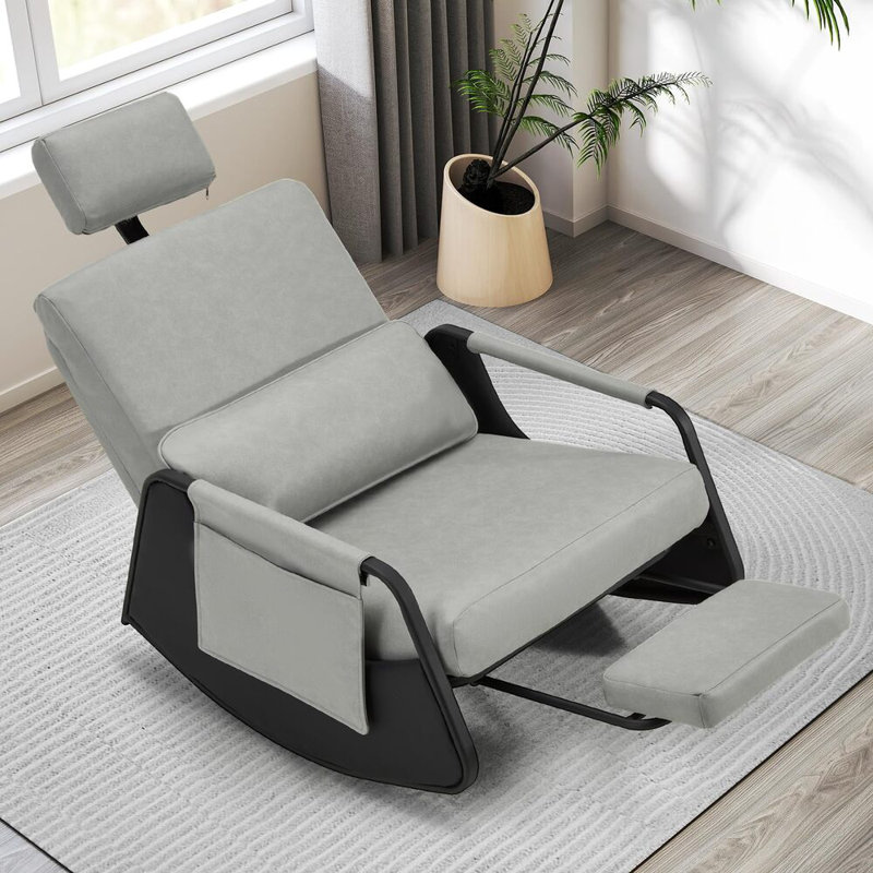 Rocking Chair With Retractable Footrest And Adjustable Backrest, Grey 