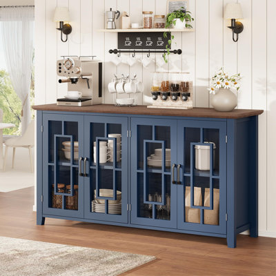 Buffet de 63 po avec 4 portes en verre trempé, tablettes réglables, armoire de rangement et crédence de cuisine - bleu foncé