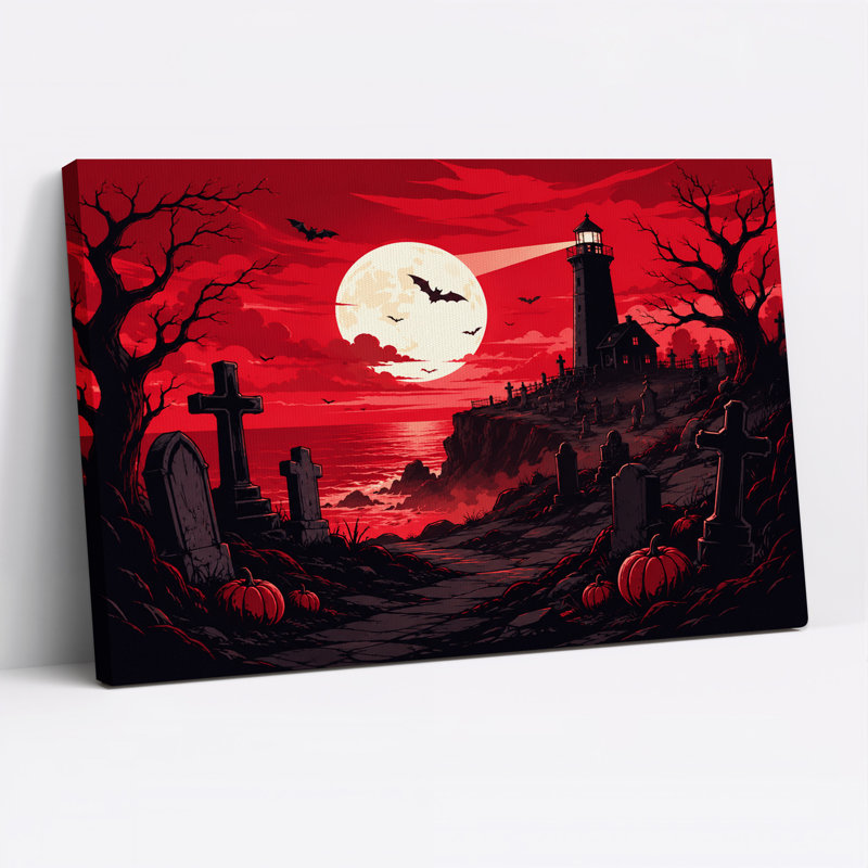 Art mural sur toile Spooky Coastal Graveyard and Lighthouse Under Halloween, H 16 po x l 24 po