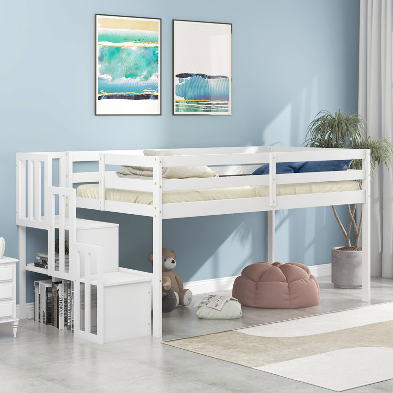 Lit mezzanine avec escalier, taille simple, 93,5 po x 42,1 po x 44,5 po, Blanc