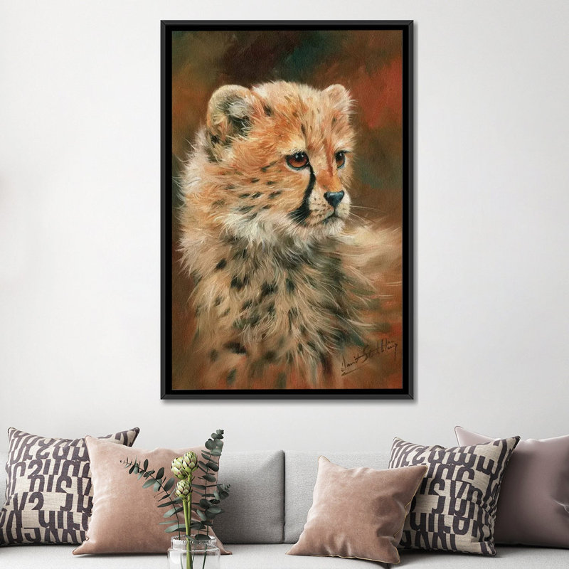 « guépard cub », impression sur toile, H 26 po x l 18 po x P 1,5 po, Toile avec cadre noir, Pas de tapis