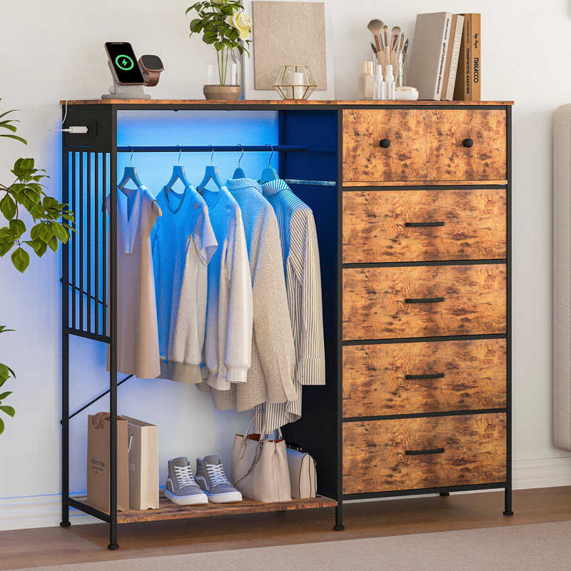 Fabric Dresser with Hanging Rack – 6 Drawer Chest, LED Lights & Charging Station, Reversible Design, Open Wardrobe Storage for Bedroom (Brown)