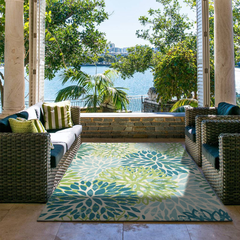 Sunshine Modern Plant Design Performance Outdoor Rug Green/Blue/Ivory, Rectangle 5' x 7'