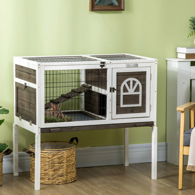 Cage à lapin en bois massif - Cochon d'Inde d'intérieur avec couloir spacieux, portes sécurisées, plateau de nettoyage amovible, entrées verrouillables spacieuses pour café, brun