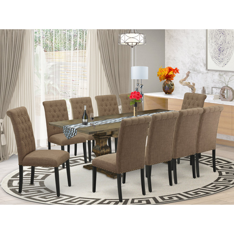 Ensemble de salle à manger 11 pièces comprenant une table rectangulaire en bois avec rallonge amovible et 10 chaises rembourrées en lin sable clair, 107 x 234 cm, style jacobéen