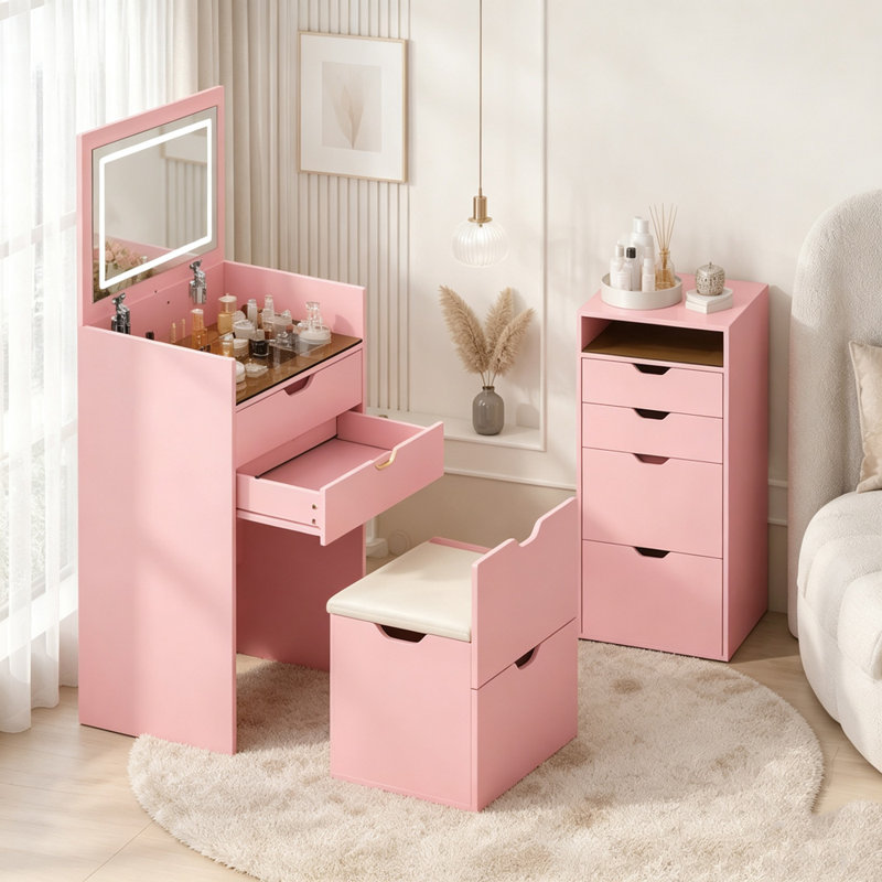 Ensemble coiffeuse 3 en 1 avec miroir rabattable et tabouret de rangement dissimulé