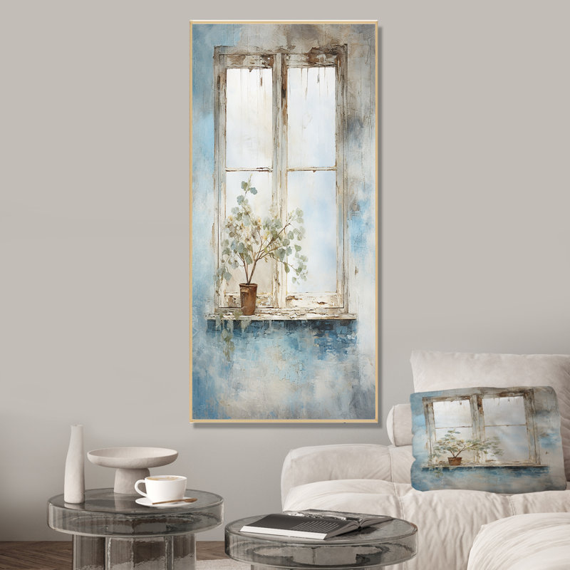 Blanc et bleu minimalisme floral Windows Charm II - fenêtres de ferme, art mural, Cadre flottant brun