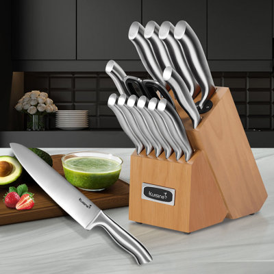 Kuisine Premium 15 Pcs Knife Block Set High Carbon Stainless Steel Sharp Blade Ergonomic Handle Professional Chef Knife With Acacia Wood Knife Block