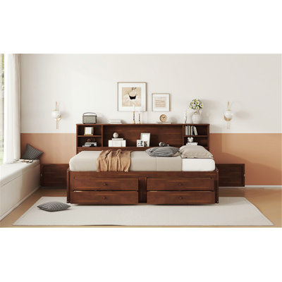 Wooden Captain Bed with Built-in Storage Shelves, 4 Drawers & 2 Cabinets – Antique Brown, Solid Pine & MDF, No Box Spring Needed