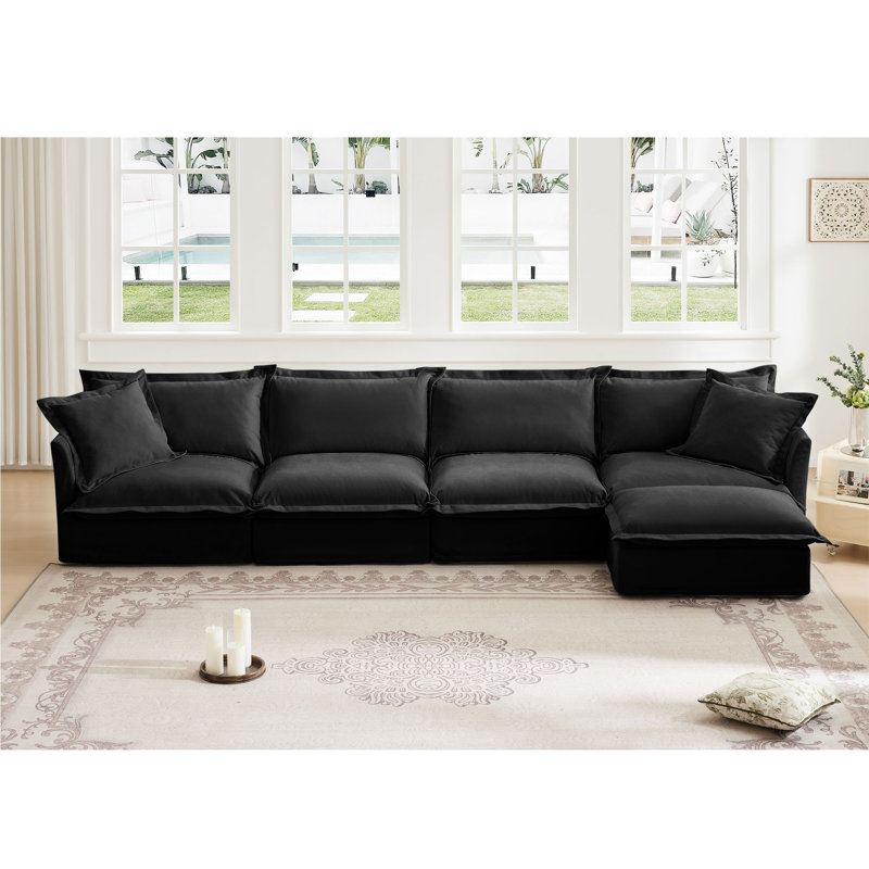 Modular Sofa With Ottoman for Shetucket Sectional Living Room Set Collection, 34.5" H x 120" W x 55" D, Black Chenille