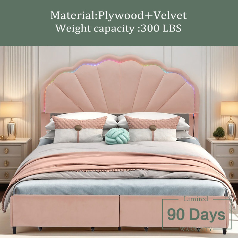 Structure de lit double pleine grandeur à DEL intelligente avec 2 tiroirs de rangement et tête de lit à deux pétales chic, lit plateforme avec lumière DEL intelligente pour les filles, aucun sommier nécessaire, rose