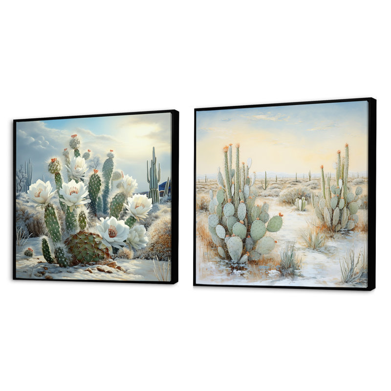 Cactus Charm In Winter - Cactus carré, ensemble de 2 collages, Cadre flottant noir, H 16 po x l 33 po