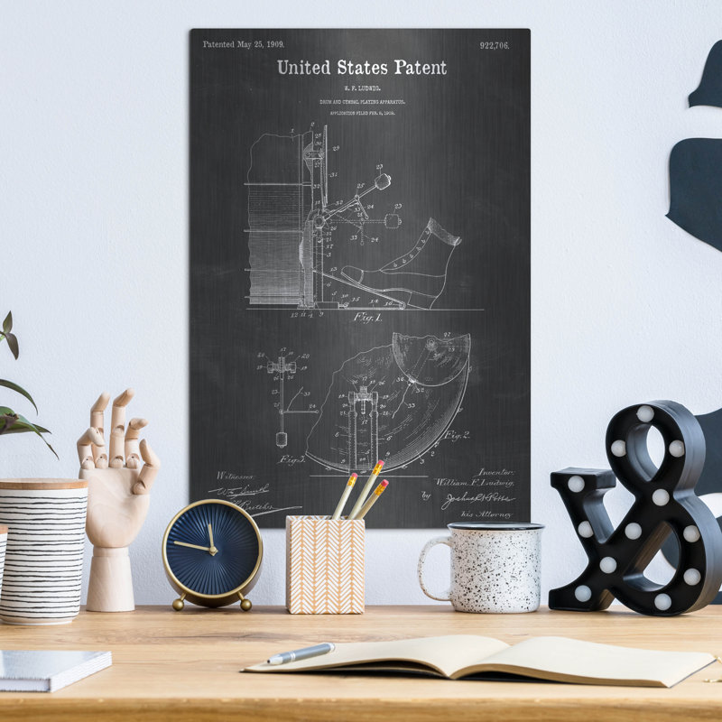 «Drum and Cymbal Blueprint Vernis Chalkboard», art mural en métal, H 16 po x l 12 po