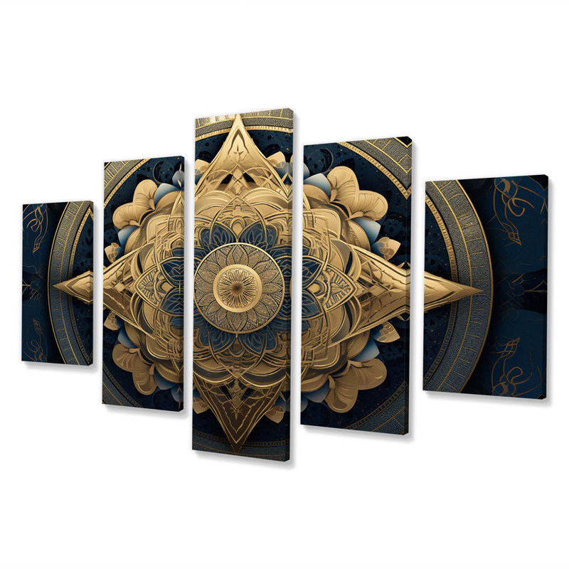 Geometric Mandala In Gold - Boho Mandala Wall Decor - 5 Panels