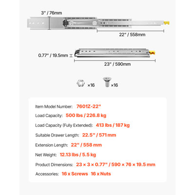 1 Pair Full Extension Drawer Slides 18 20 22 28 30 32 36 38 40 44 48 52 56 60 in, 500 lbs Load Capacity Locking Drawer Slides, Ball Bearing with Lock Side Mount Drawer Slide Rail