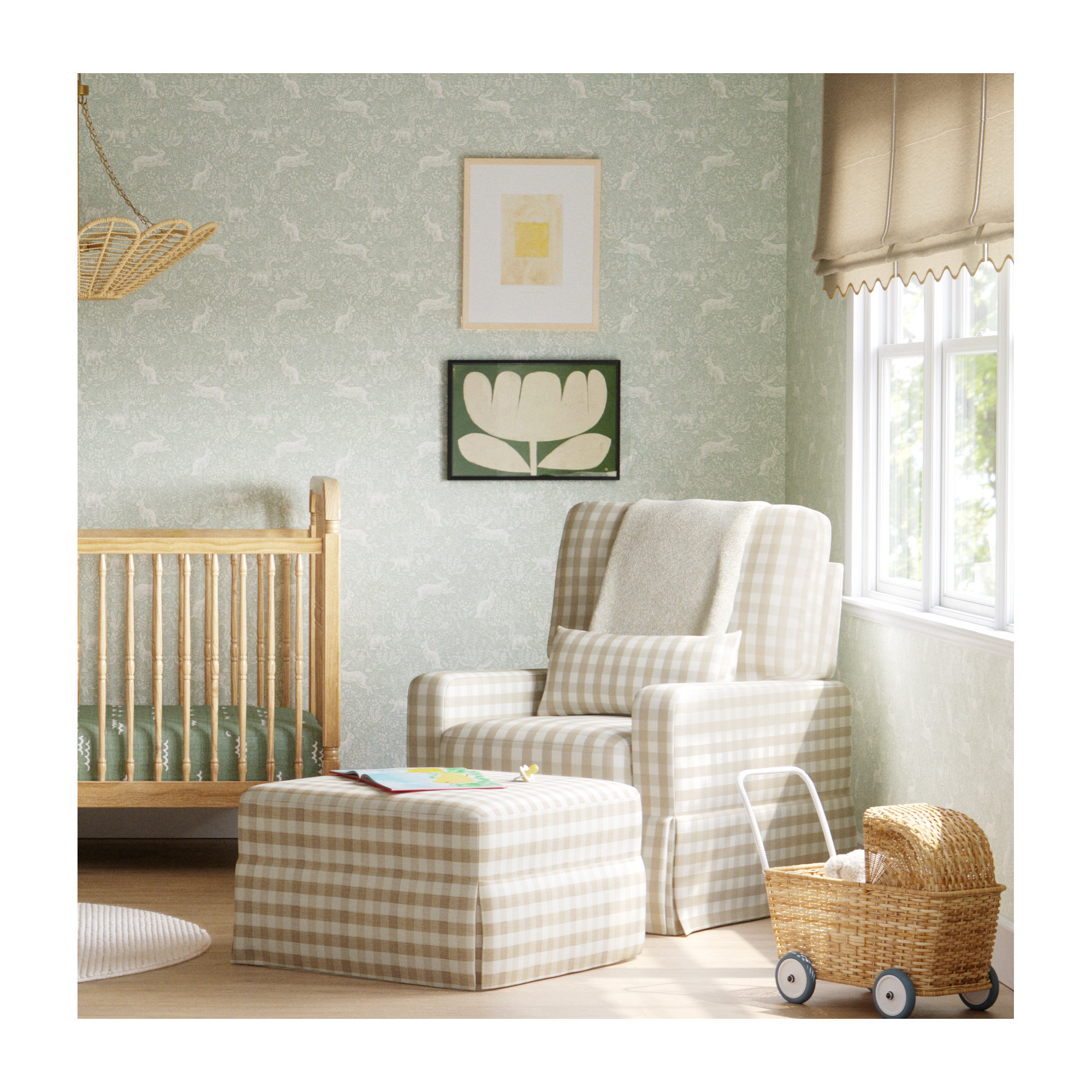 Crawford Upholstered Ottoman, Tan Gingham