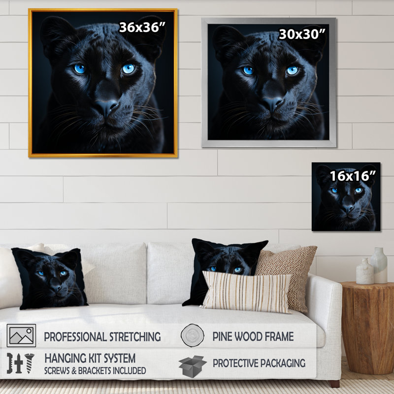 «Blue and Black Panther Portrait II» - art mural animal de panthère, H 36 po x l 36 po x P 1,5 po, Cadre doré simple