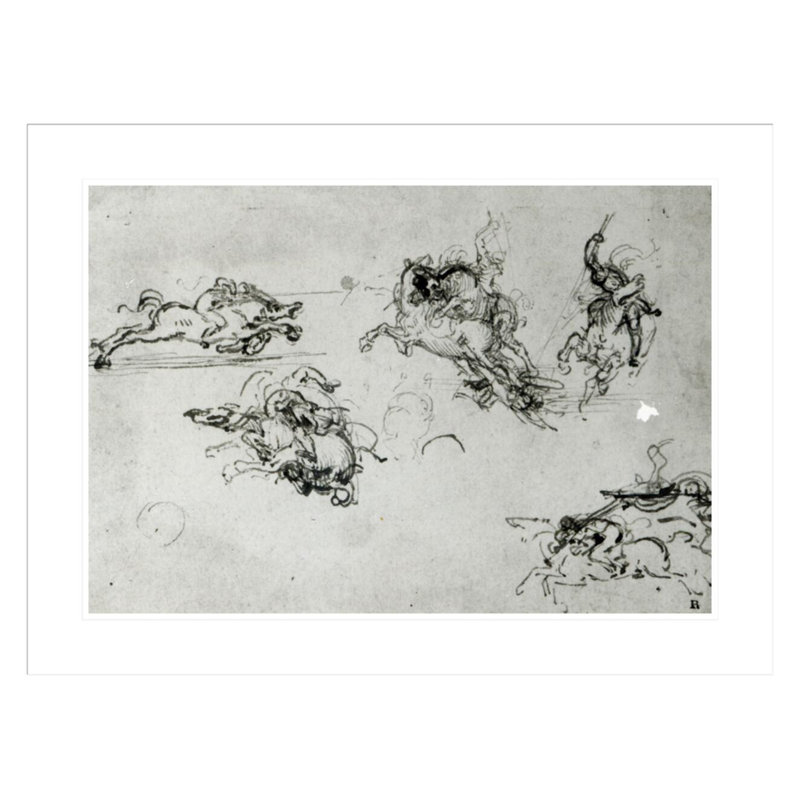 «Study of Horsemen in Combat» par Leonardo da Vinci - Estampe numérique encadrée, H 22,28 po x l 29,5 po