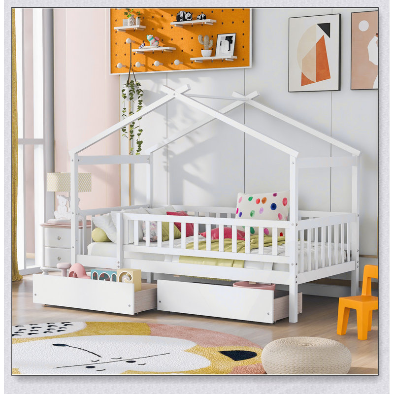 Lit de maison en bois avec deux tiroirs, toit en ciel fantaisiste pour enfants, fabrication en bois de pin robuste et rangement spacieux