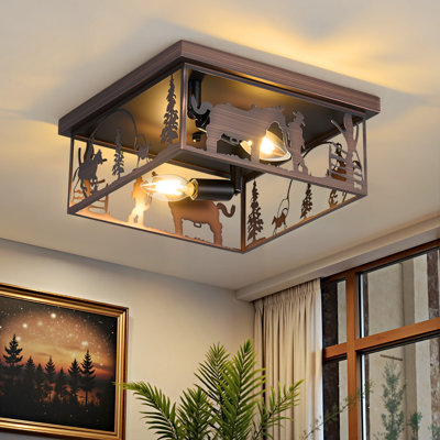 11.2-in 2 - Light Farmhouse Semi Flush Mount Rustic Bronze Ceiling Fixture With Cowboy Horse Square Shade