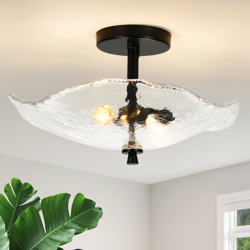 Flush Mount Ceiling Light Fixture With Ripple Glass Shade, Matte Black