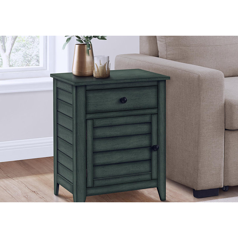 Table d'appoint, table de chevet, tiroir de rangement, bout, table d'appoint, chambre à coucher, lampe, rangement, placage vert antique, transitionnel