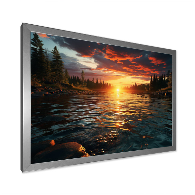 Coucher de soleil sur les eaux scintillantes, H 30 po x l 40 po x P 1,5 po, Cadre photo argenté