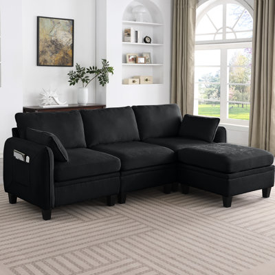 Canapé d'angle Cloud en chenille noire, rangement intégré, configuration flexible pour les espaces de vie, esthétique moderne, mousse à mémoire de forme, bois d'eucalyptus