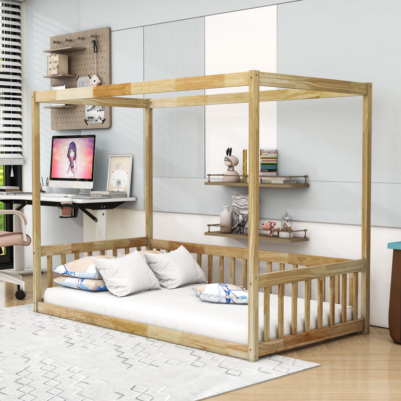 Wooden Canopy Floor Bed With Fence, Natural, Twin