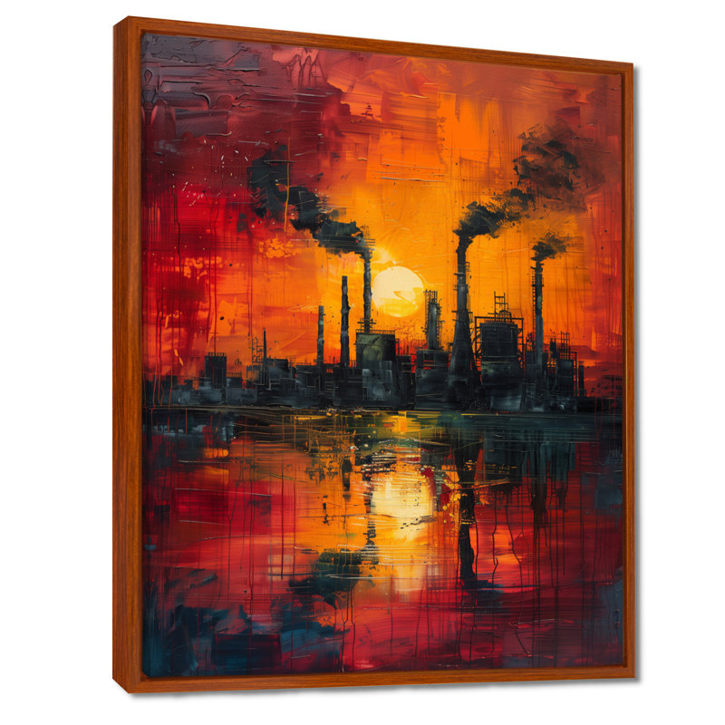 Art industriel rouge «Polution I» - usines, Toile avec cadre flottant brun, H 20 po x l 12 po x P 1 po