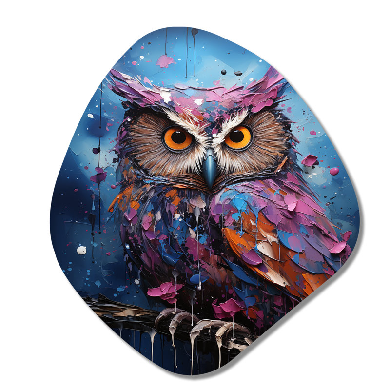 Décoration murale en métal irrégulière mauve avec améthyste et hibou mauve, H 28 po x l 25 po
