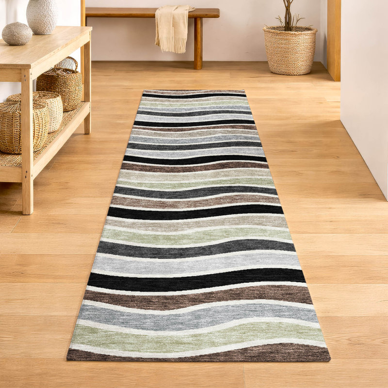 Premium Machine Washable Mayfield AMF2333 Stripes Rug, 2'3" x 7'6" Runner, Black