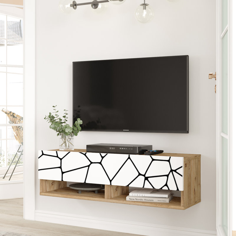 Future Tv Unit Cobble Pine-white Uv Print 40 Inches Floating Entertainment Center Console With Storage Shelves & Doors