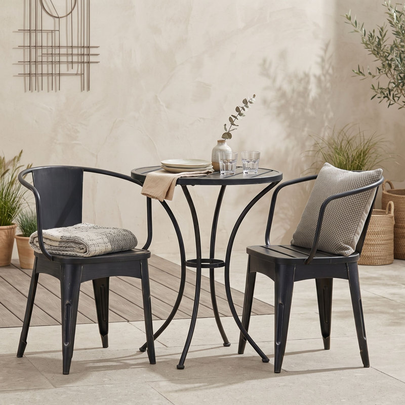 Ensemble bistro 3 pièces pour l'extérieur avec deux fauteuils à lattes et table à lattes ronde, Black Silver