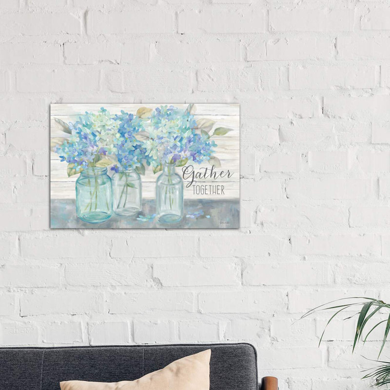 Farmhouse Hydrangeas In Mason Jars - Gather by Cynthia Coulter - Wrapped Canvas Painting, 20.32 cm H x 30.48 cm W