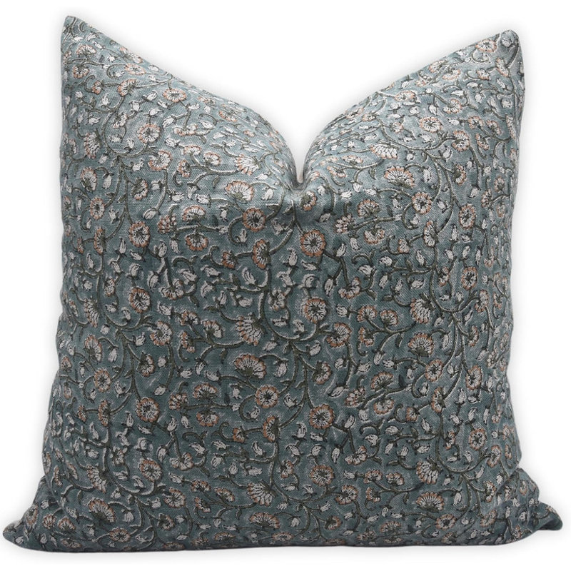 Linen Pillow Cover, 16" H x 16" W, Green/Orange Floral 1, Square