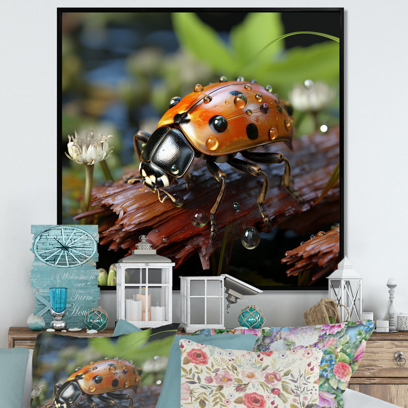 Coccinelle aventureuse III - coccinelle, art mural, Cadre flottant noir, H 36 po x l 36 po x P 1,5 po